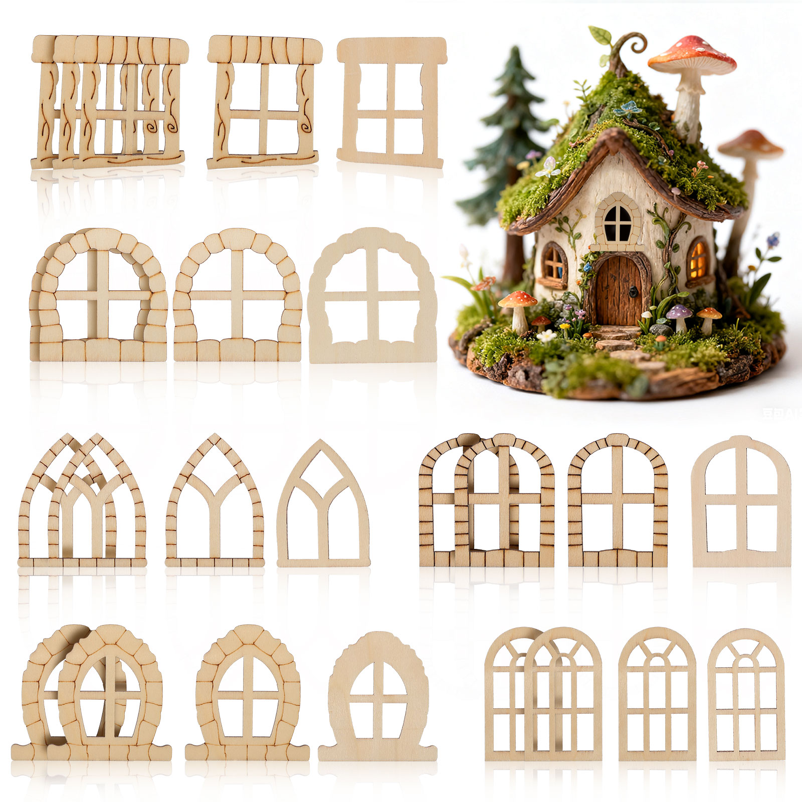 Art Craft Door - 25 adet Minyatür Ahşap Kapı Pencere