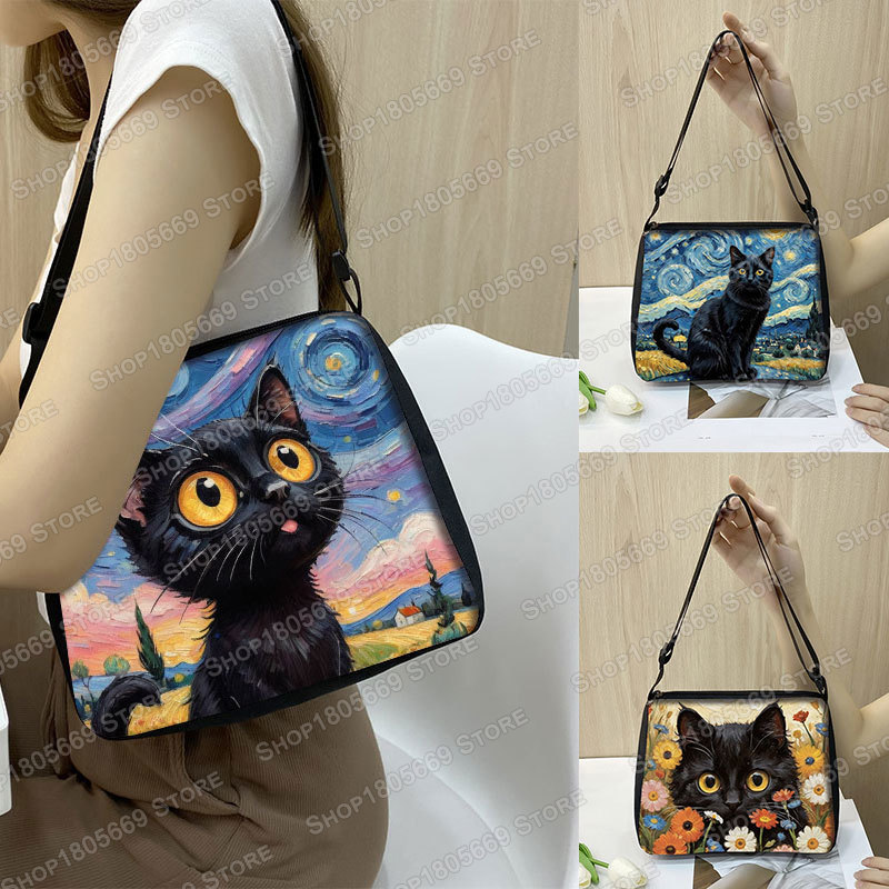 Art Portfolio Bag - Yağlıboya Van Gogh siyah kedi omuz